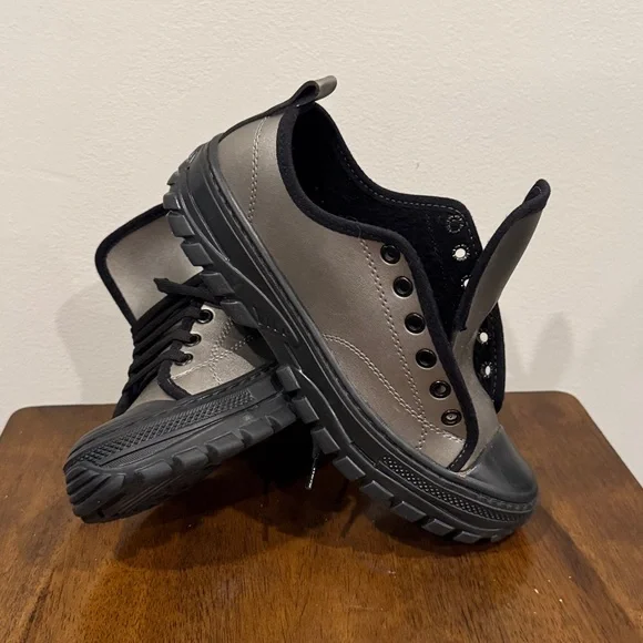 Metallic Grey Silver Black Lug Sole Low Top Sneakers - Picture 12 of 15